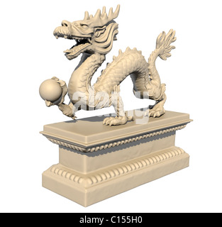 Weiße Chinesische Drachenstatue hält einen Ball in seinen Klauen, isoliert auf einem weißen Hintergrund. Perspektive 3D Bild anzeigen. Stockfoto