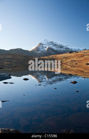 Crib Goch spiegelt sich in Llyn Cwmffynnon, Snowdonia National Park, North Wales Stockfoto