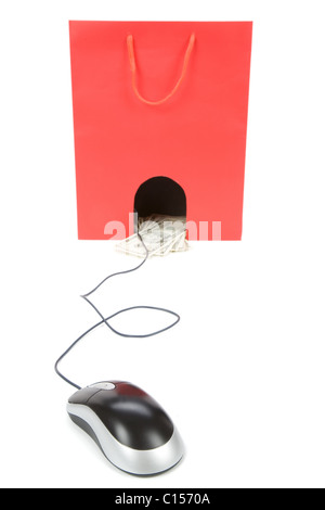 Isolierte Einkaufstasche und Computer-Maus, Konzept des e-Commerce Stockfoto