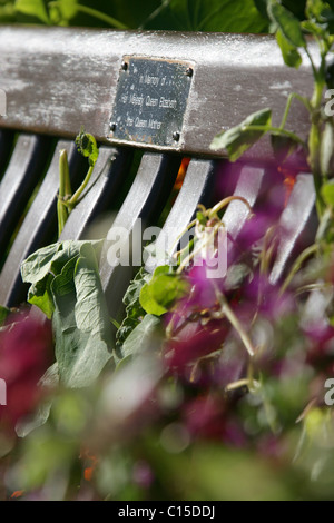Dorf von Mey, Schottland. Nahaufnahme von der Königin Mutter Gartenbank Gedenktafel in der Burg von Mey ummauerten Garten. Stockfoto