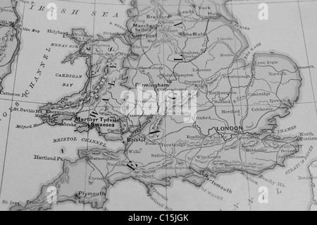 Alte Karte von England aus original Geographie Lehrbuch, 1884 Stockfoto