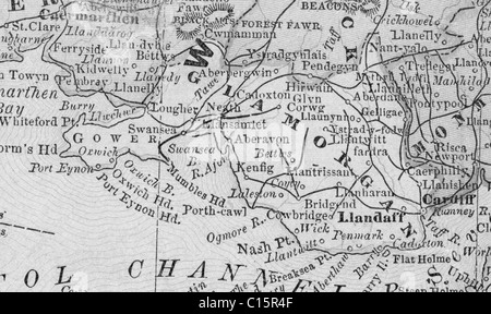 Alte Karte von Glamorgan Grafschaft aus original Geographie Lehrbuch, 1884 Stockfoto