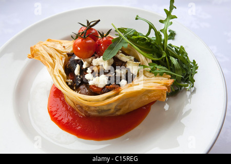 Hauptgericht Waldpilz, 'Cherry-Tomate' & "Ziegenkäse" knusprig "Filo-Torte" auf eine geröstete Paprika Coulis 116408 Food16 Stockfoto