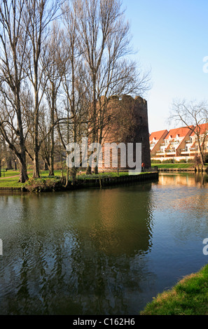 Eine Ansicht der Kuh Turm mit Reflexionen durch eine Biegung in den Fluss Wensum in Norwich, Norfolk, England, Vereinigtes Königreich. Stockfoto