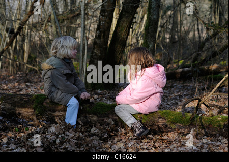 Stock Foto von zwei fünfjährigen Mädchen sitzen zusammen auf einem umgestürzten Baum im Chat. Stockfoto