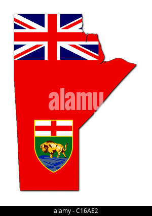 Nationalflagge von Manitoba auf Karte der Provinz in Kanada. Isoliert auf weißem Hintergrund. Stockfoto