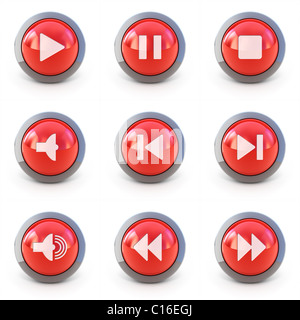 Hoch detaillierte Media Player 3d Schaltflächen isoliert auf weiss Stockfoto