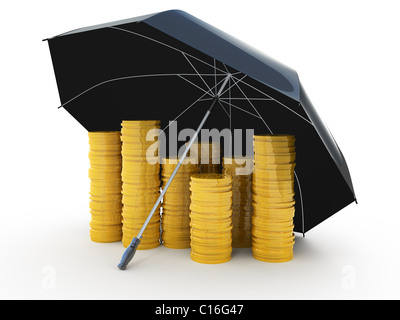 Haufen von Goldmünzen unter einem Regenschirm, isoliert auf weiss Stockfoto