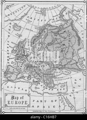 Alte Karte von Europa aus original Geographie Lehrbuch, 1865 Stockfoto