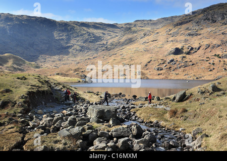 Fiel Wanderer Buttermilch Gill, Easedale Tarn im Hintergrund Trittsteine überqueren.  In der Nähe von Grasmere englischen Lake District. Stockfoto