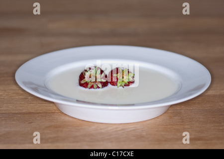 Weiße Untertasse mit frischen Erdbeeren in Milch mit Zucker übergossen. Platziert auf Holztisch Stockfoto