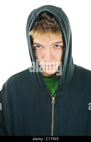 Junger Mann mit Haltung tragen Hoodie isoliert auf weißem Hintergrund Stockfoto
