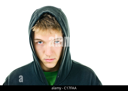 Junger Mann mit Haltung tragen Hoodie isoliert auf weißem Hintergrund Stockfoto