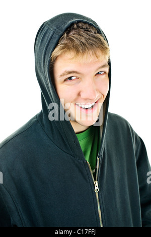 Porträt von lächelnden jungen Mann mit Hoodie isoliert auf weißem Hintergrund Stockfoto
