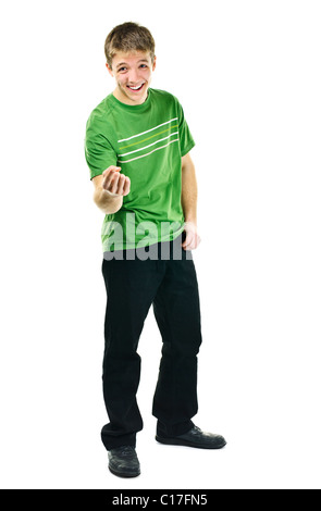 Lachend junger Mann stehend Ganzkörper isoliert auf weißem Hintergrund Stockfoto