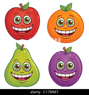 Vektor-Cartoon-Illustration von Früchten mit lächelnden Gesichtern. Apfel, orange, Birne und Pflaume Zeichen enthalten. Stockfoto