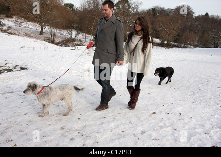 junges Paar walking Hund im Schnee Stockfoto