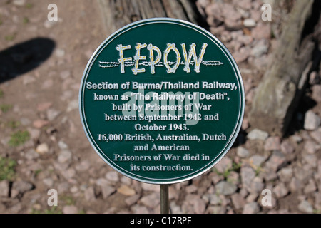 Melden Sie sich neben einem Abschnitt der Bahntrasse, Teil der Death Railway Gedenkstätte im National Memorial Arboretum, Alrewas, UK. Stockfoto