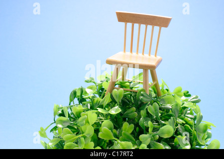 Miniatur-Stuhl thront auf einem Kunststoff-Anlage Stockfoto