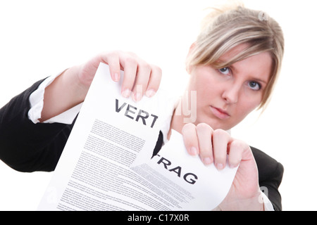 Frau trägt eine Kostüm, Vertrag zerreißen Stockfoto