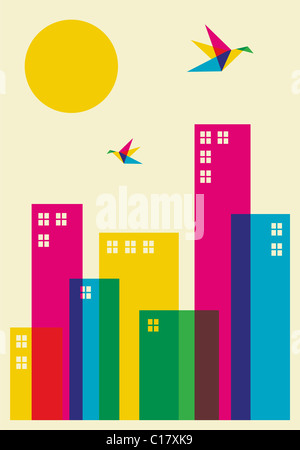 Frühling in der Stadt. Voller Farbe Brummen Vögel fliegen über die Stadt. Vektor-Datei zur Verfügung. Stockfoto