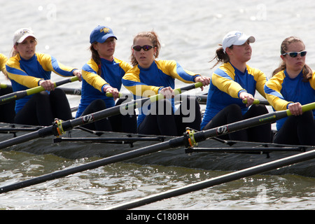 Eine Crew-Team von der University of Delaware konkurriert in der George Washington University Rowing Regatta auf dem Potomac River. Stockfoto