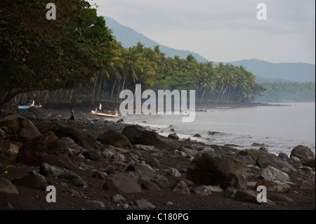 Balinesische Fischer hochziehen am Strand in Tembok Bali, nach einer Nacht der Fischerei für Makrele in einer traditionellen Ausleger. Stockfoto