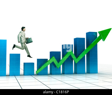 Geschäftsmann am Barren eines Graphen läuft Stockfoto