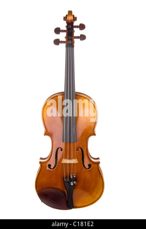 Klassische Violine oder eine Geige isoliert auf weißem Hintergrund, wie von der Vorderseite des Instruments zu sehen. Stockfoto