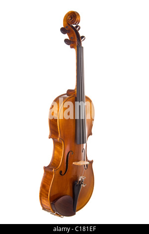 Klassische Violine oder eine Geige isoliert auf weißem Hintergrund. Instrument ist in einem leichten Winkel Weg von der Kamera aktiviert. Stockfoto