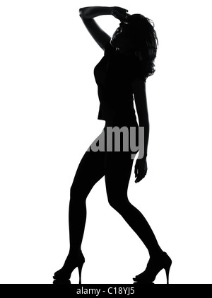 voller Länge Silhouette im Schatten einer jungen Frau müde Verzweiflung im Studio auf weißen Hintergrund isoliert Stockfoto