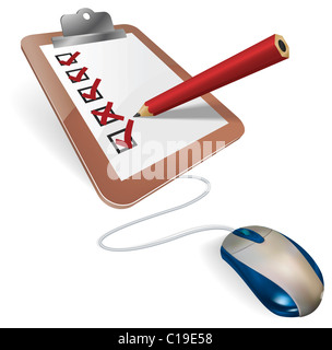 Eine Maus angeschlossen, ein Fragebogen. Konzept für Online-Internet-Umfrage, Test, Volkszählung, Wahl oder Forschung-Fragebogen Stockfoto