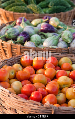Auberginen/Auberginen, Tomaten und bitteren Kürbis in Körben an einem indischen Markt. Andhra Pradesh, Indien Stockfoto