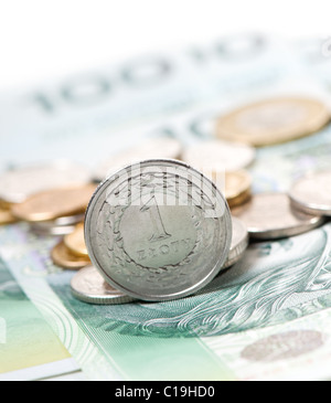 ein polnischer Zloty Münze auf dem Rand stehend Stockfoto