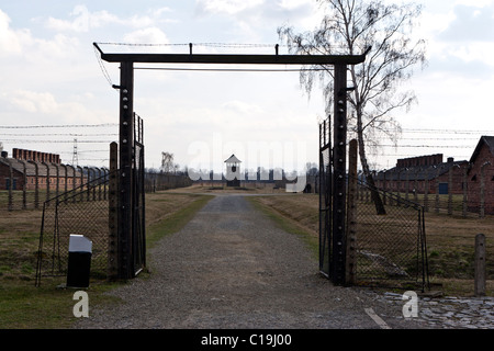 Tor und Wachturm an Auschwitz-Birkenau, Polen. Stockfoto