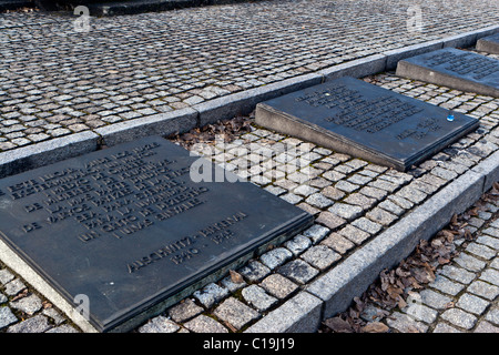 Denkmal-Plaketten an Auschwitz II-Birkenau, Polen. Stockfoto