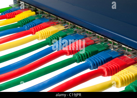 Multi farbige Kautschuk Netzwerkkabel verbunden mit einem blauen Router oder Switch isoliert auf weißem Hintergrund Stockfoto