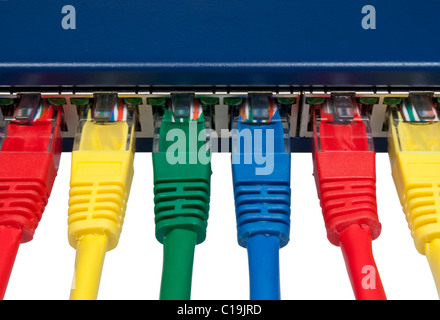 Horizontale Zusammensetzung der farbigen Netzwerkkabel mit dem blauen Router oder Switch isoliert auf weißem Hintergrund Stockfoto