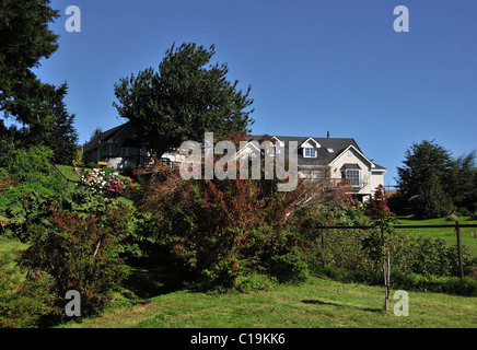 Blauer Himmelsblick auf den Garten, Rasen, Fuchsien, Hortensien, chilenische Rhabarber vor einem weißen Holzhaus in der Nähe von Frutillar, Chile Stockfoto