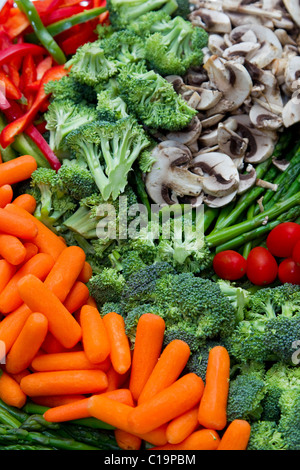 Hellen, bunten frisches rohes Gemüse, Karotten, Brokkoli, Champignons, Kirschtomaten und rote Paprika in frischem design Stockfoto