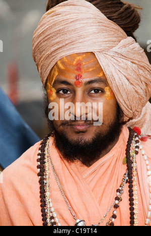 Porträt eines Sadhu lächelnd, Haridwar, Uttarakhand, Indien Stockfoto