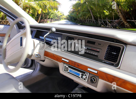 Auto indoor retro Vintage mit tropischen Palm-Baum-Straße im Fenster Stockfoto