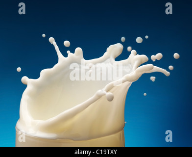 Spritzer Milch aus dem Glas auf blauem Hintergrund Stockfoto