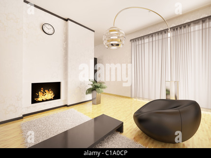 Innenraum der modernen Wohnzimmer mit Kamin und schwarzen Sessel 3D-Rendering Stockfoto