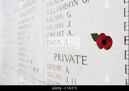 Menin Gate Memorial auf die fehlende mit Mohn im Vordergrund Stockfoto