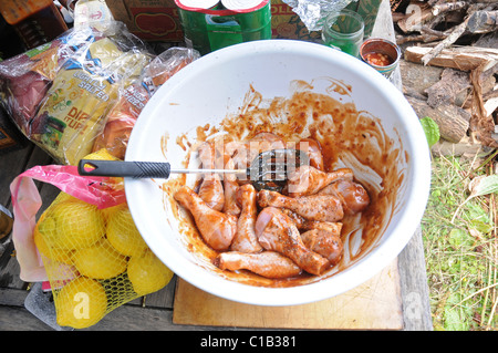 Outdoor-Kochen und Essen im Freien. Hähnchenschenkel mariniert wird in Bbq-Sauce bereit zu gehen auf dem offenen Feuer auf einem Campingplatz. Stockfoto