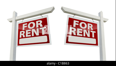 Links und rechts für Miete Immobilien-Zeichen isoliert auf weißem Hintergrund mit Schneidepfad konfrontiert. Stockfoto