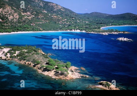 Frankreich, Corse du Sud Palombaggia Strand im Süden von Porto Vecchio (Luftbild) Stockfoto