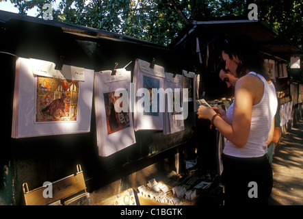 Leute, Touristen, Shopper, Shopping, Kunstwerken, Verkauf von Kunstwerken, bouquiniste, quai, Seine, Place Saint-Michel, Paris, Frankreich, Europa Stockfoto