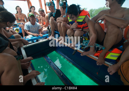 Touristen auf einem Glasbodenboot, die Korallen vor Gili Trawangan, der Insel vor Lombok Indonesien, beobachten Stockfoto